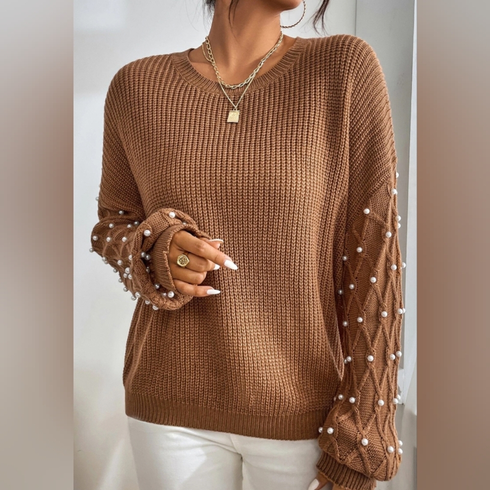 Pearl Detail Round Neck Long Sleeve Sweater